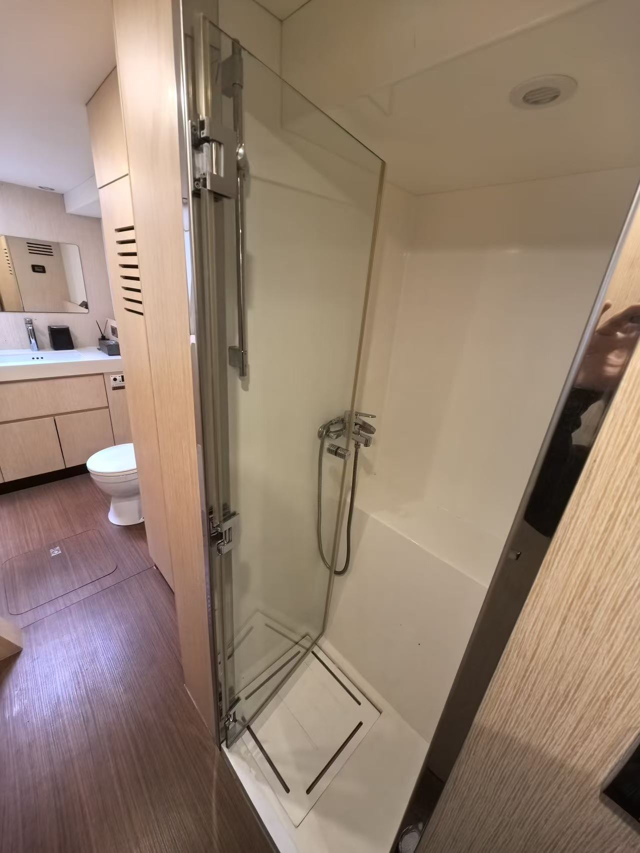 Separate shower stall of Mazarin 55 sailing catamaran