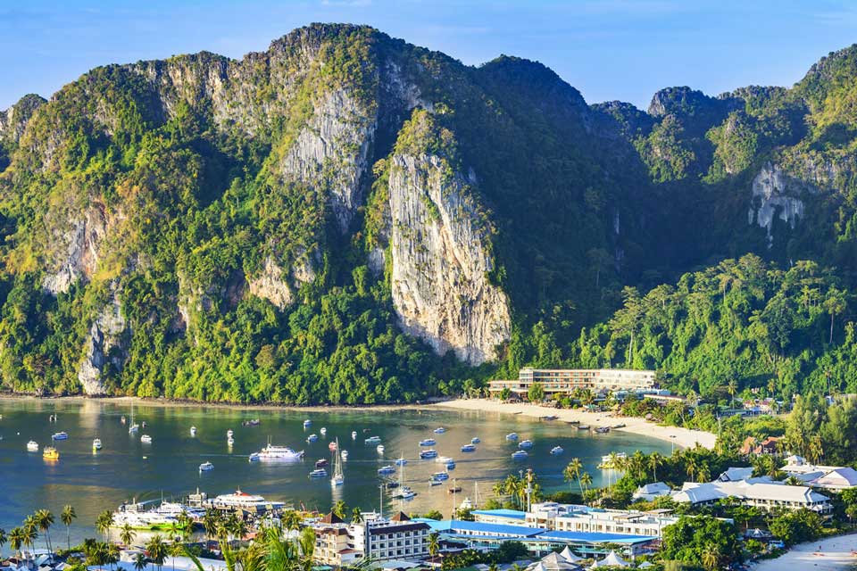 Limestone cliffs and emerald water in Phi Phi Islands