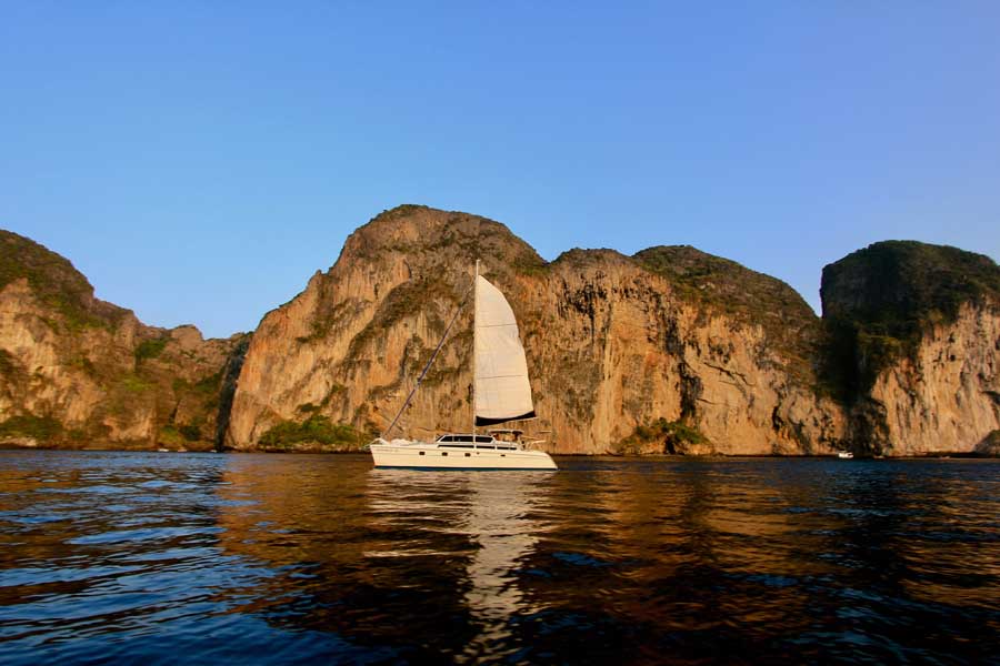 Traditional longtail boats in front of Phi Phi beach